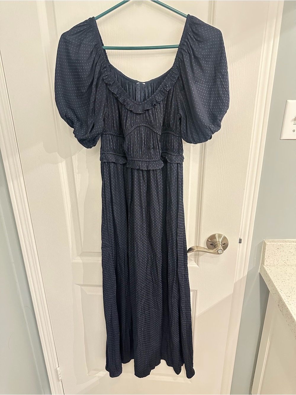 Navy Puff Sleeve Maxi Dress with Ruffle Detail